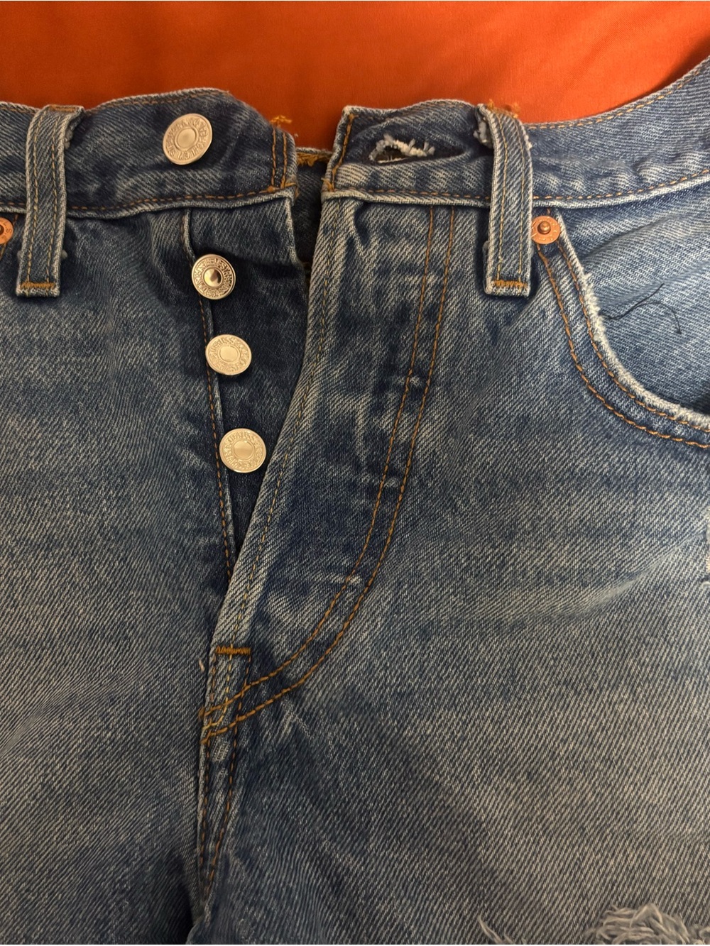 Levi's Medium Blue Denim Cutoff Shorts with Frayed Hem - Picture 4 of 5